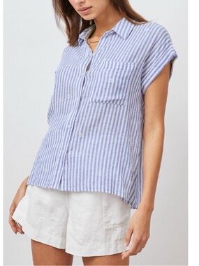 Rails Whitney Blue White Stripe Daisy Short Sleeve Collared Linen Rayon Shirt XS